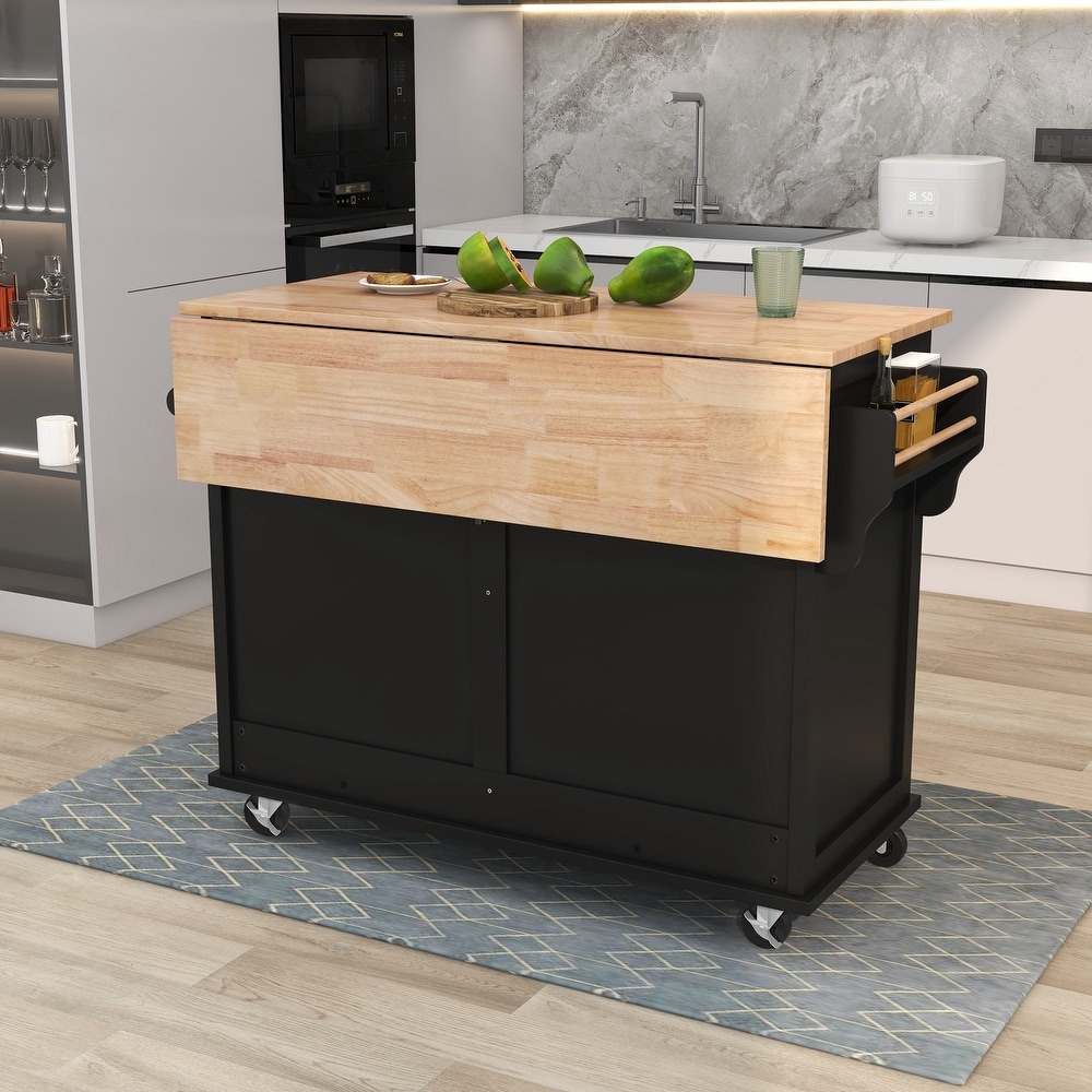 Kitchen Cart with Rubber wood Drop Leaf Countertop  Concealed Sliding Barn Door  Storage Cabinet   2 Drawers for Dinning Room