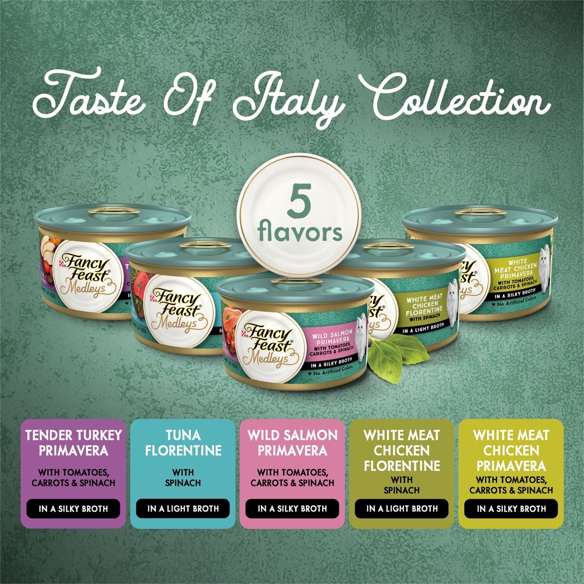 Fancy Feast Medleys Taste of Italy with Garden Greens in Sauce Variety Pack Canned Cat Food， 3-oz can， case of 30