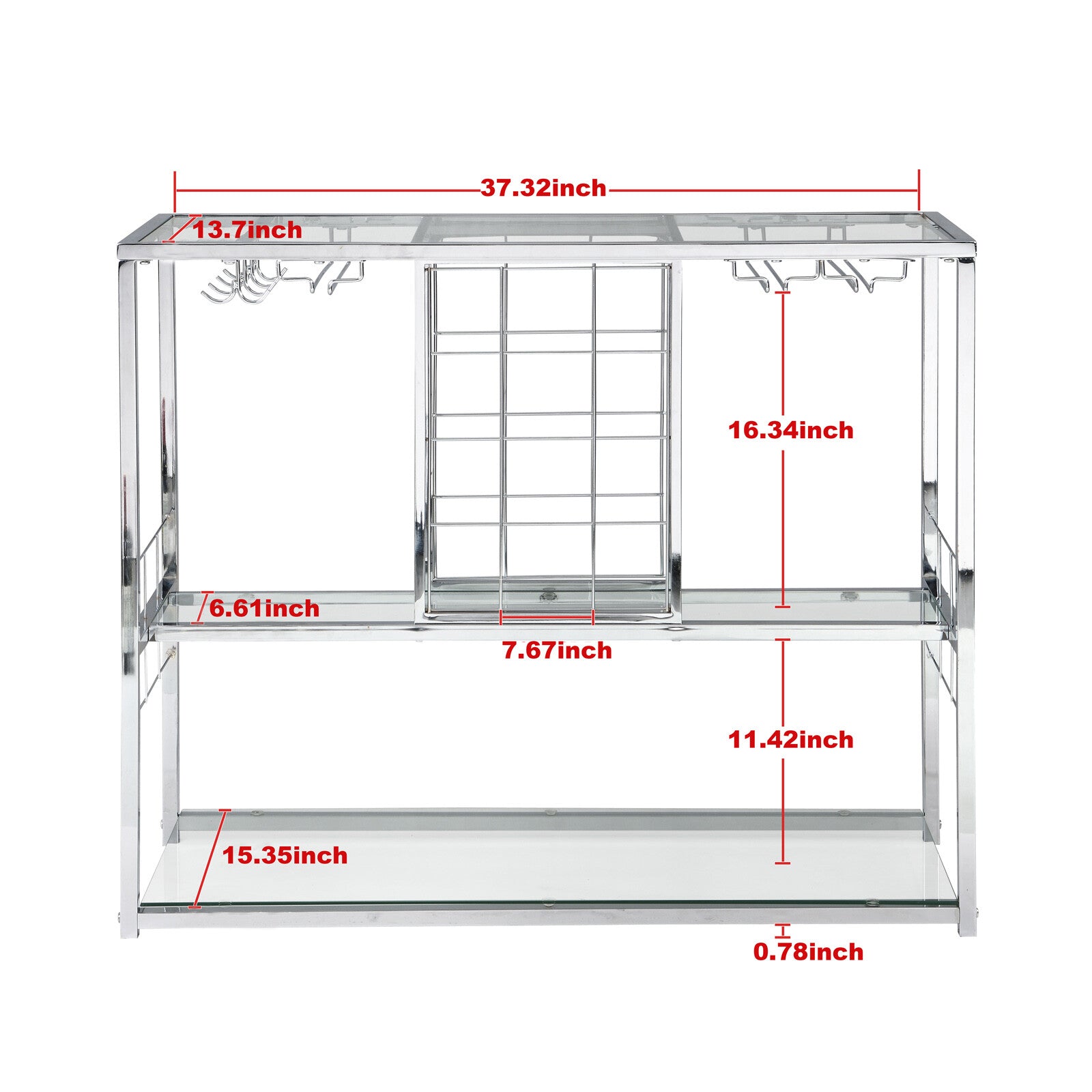 OVERDRIVE Bar Cart Kitchen Serving Cart with Glass Holder and Wine Rack， 3-Tier Kitchen Trolley with Tempered Glass Shelves Chrome