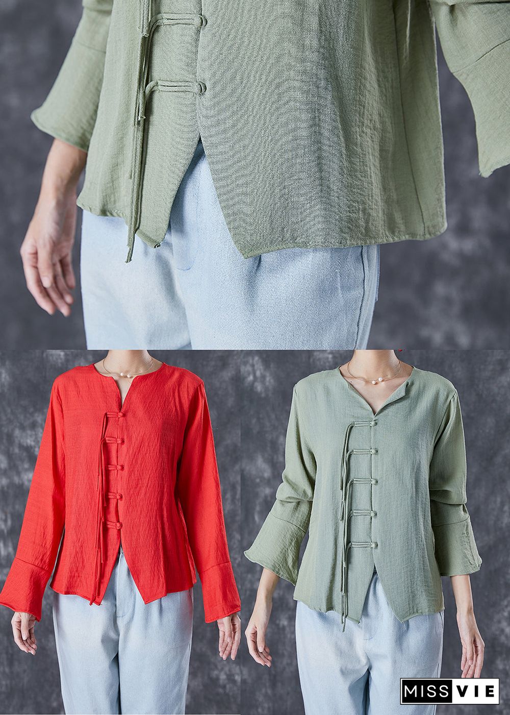 Chinese Style Green Grey Tasseled Linen Shirt Top Flare Sleeve