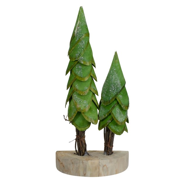 Brown And Green Christmas Trees On A Wooden Base Tabletop Decor