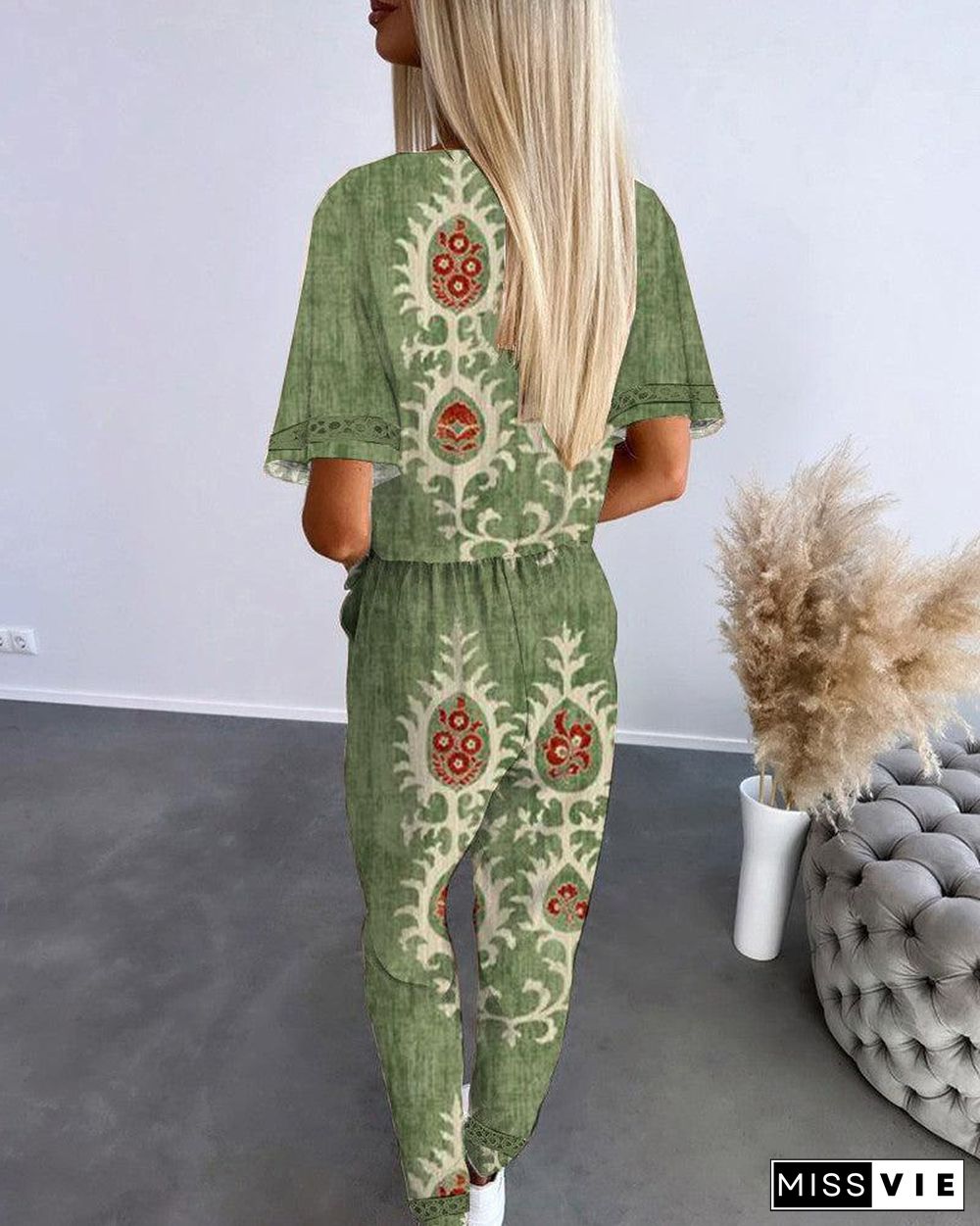 Green Short Sleeve V-Neck Jumpsuit