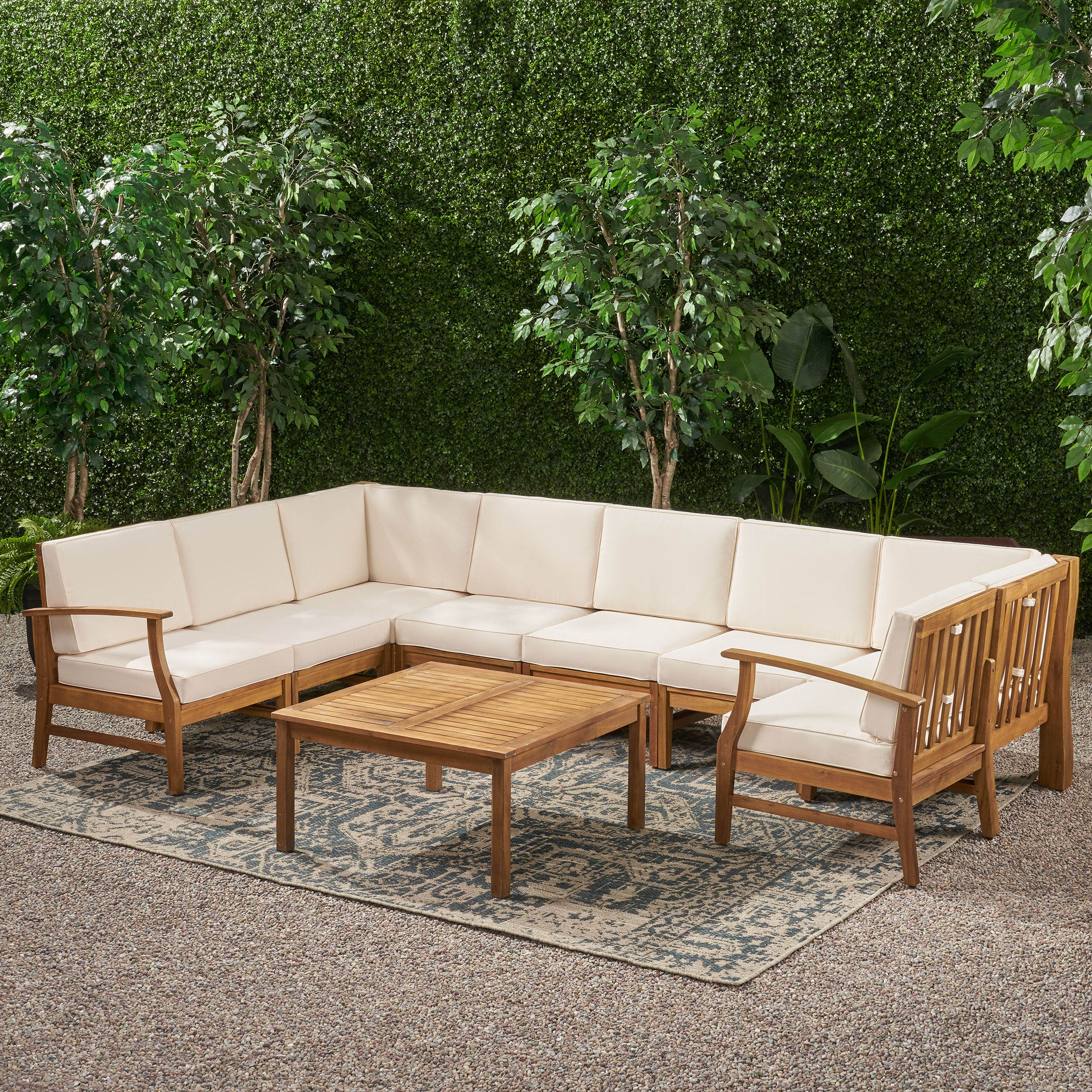 Scarlett Outdoor 8 Seat Teak Finished Acacia Wood Sectional Sofa and Table Set