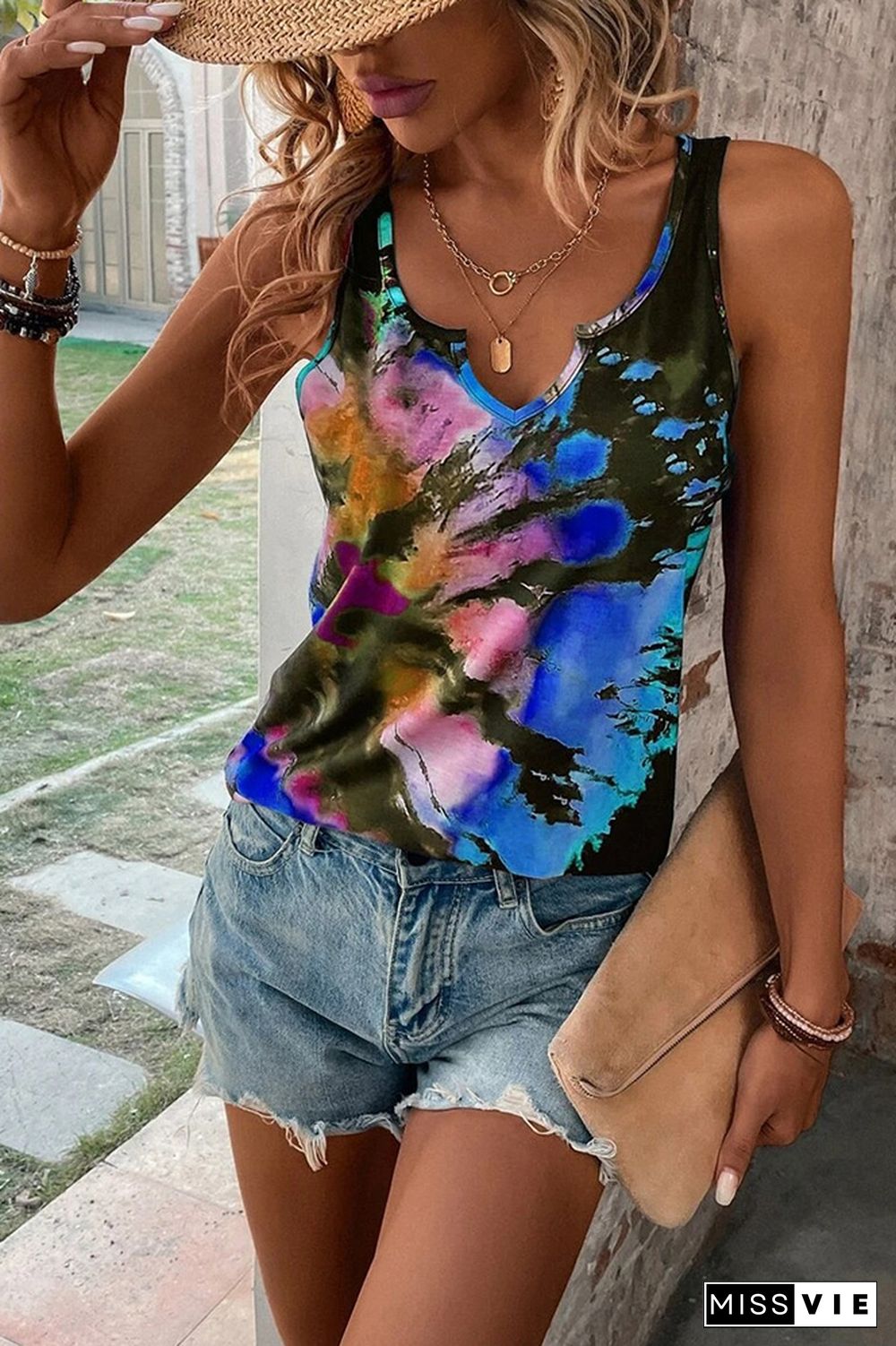 Split V Neck Tie Dye Tank Top