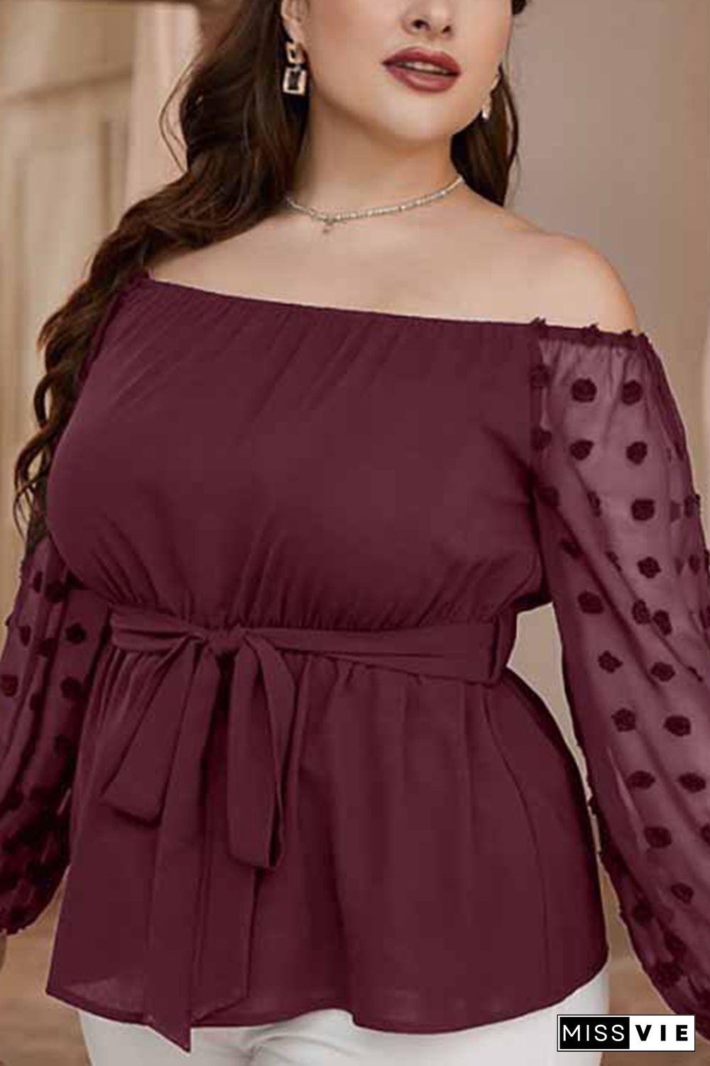 Off Shoulder Waistband Spot Texture Long Sleeves Plus Size Top