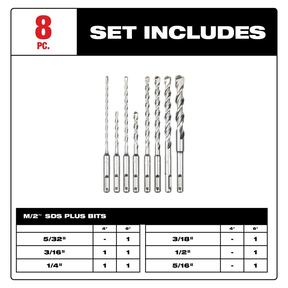 Milwaukee SDS Plus M/2 2 Cutter Drill Bit Kit 8pc 48-20-7673 from Milwaukee