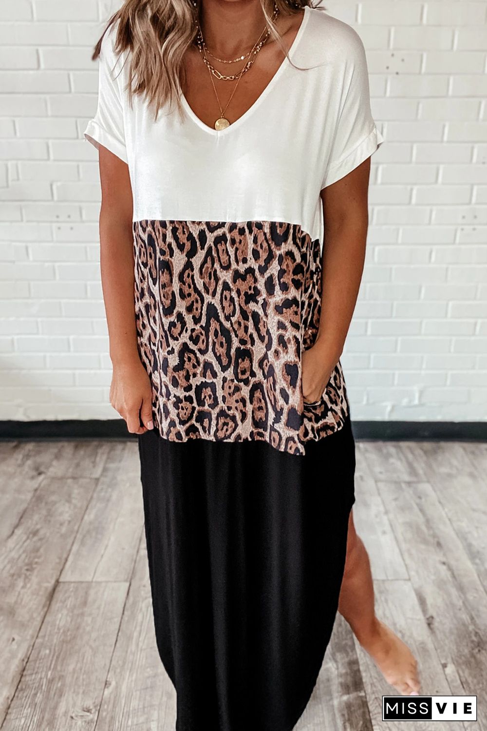 Colorblock Leopard Cotton Blend Casual Maxi T-shirt Dress