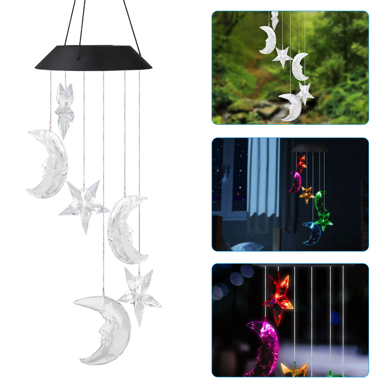 TSV Wind Chime Outdoor Color-Changing Waterproof Mobile Romantic Led Solar Powered Moon and Star Wind Chimes Lights for Home， Indoor， Yard， Patio， Night Garden， Party， Valentines Gift， Festival Decor