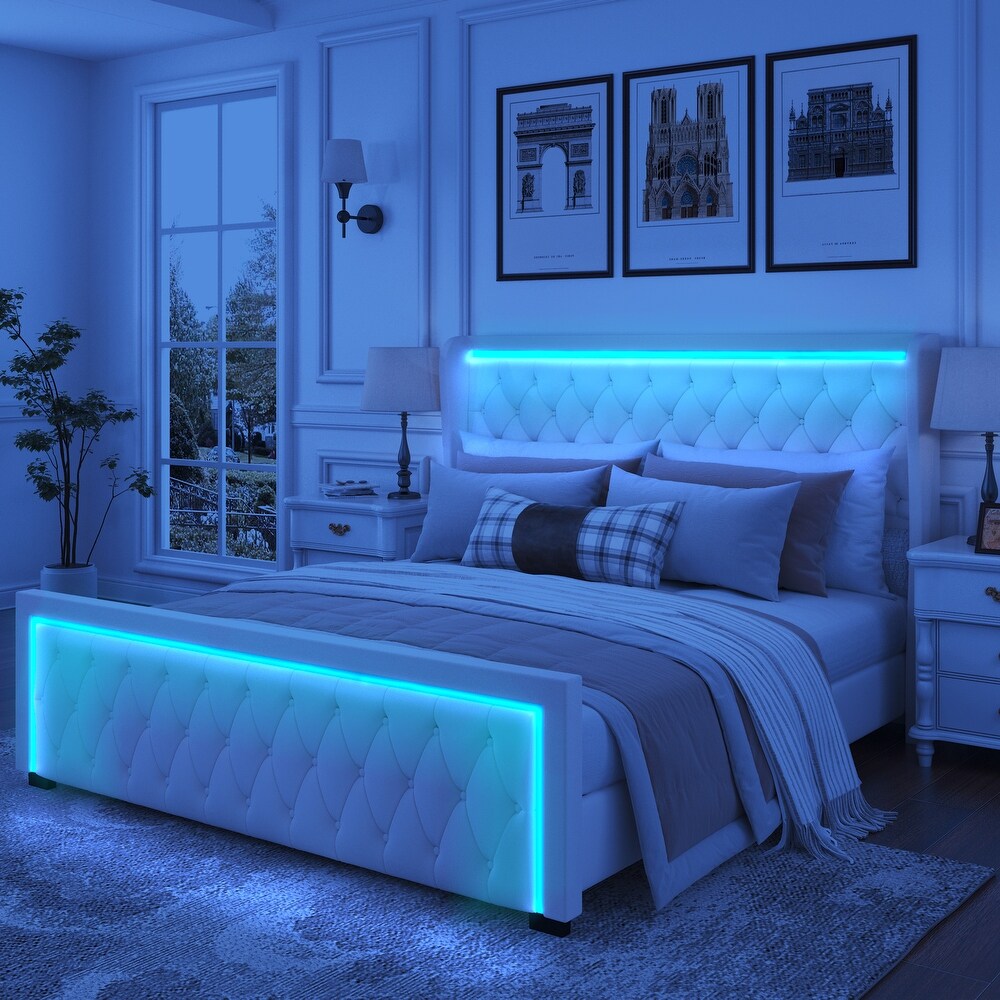 Elegant Design Queen Size Platform Bed with LED Lights