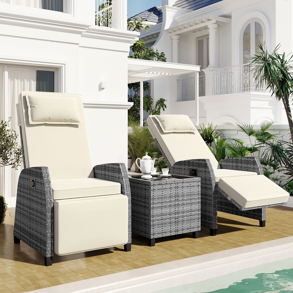 3 Piece Outdoor Rattan Sofa Chair Set Conversation Sets  Adjustable Back Recliner for Courtyard Swimming Pool and Balcony