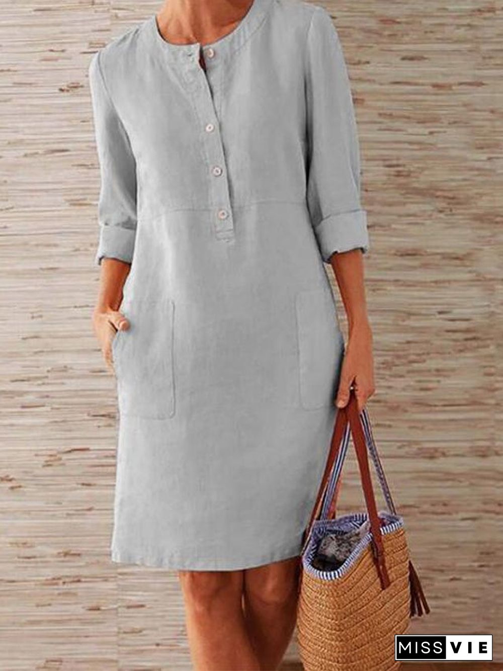 Solid Color Stand Collar Long Sleeve Buttoned Dress