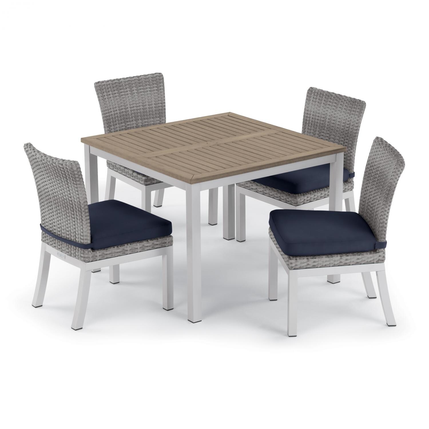 Argento 5 Piece Wicker Patio Dining Set W/ 39 Inch Square Tekwood Vintage Table， Side Chairs and Midnight Blue Cushions By Oxford Garden