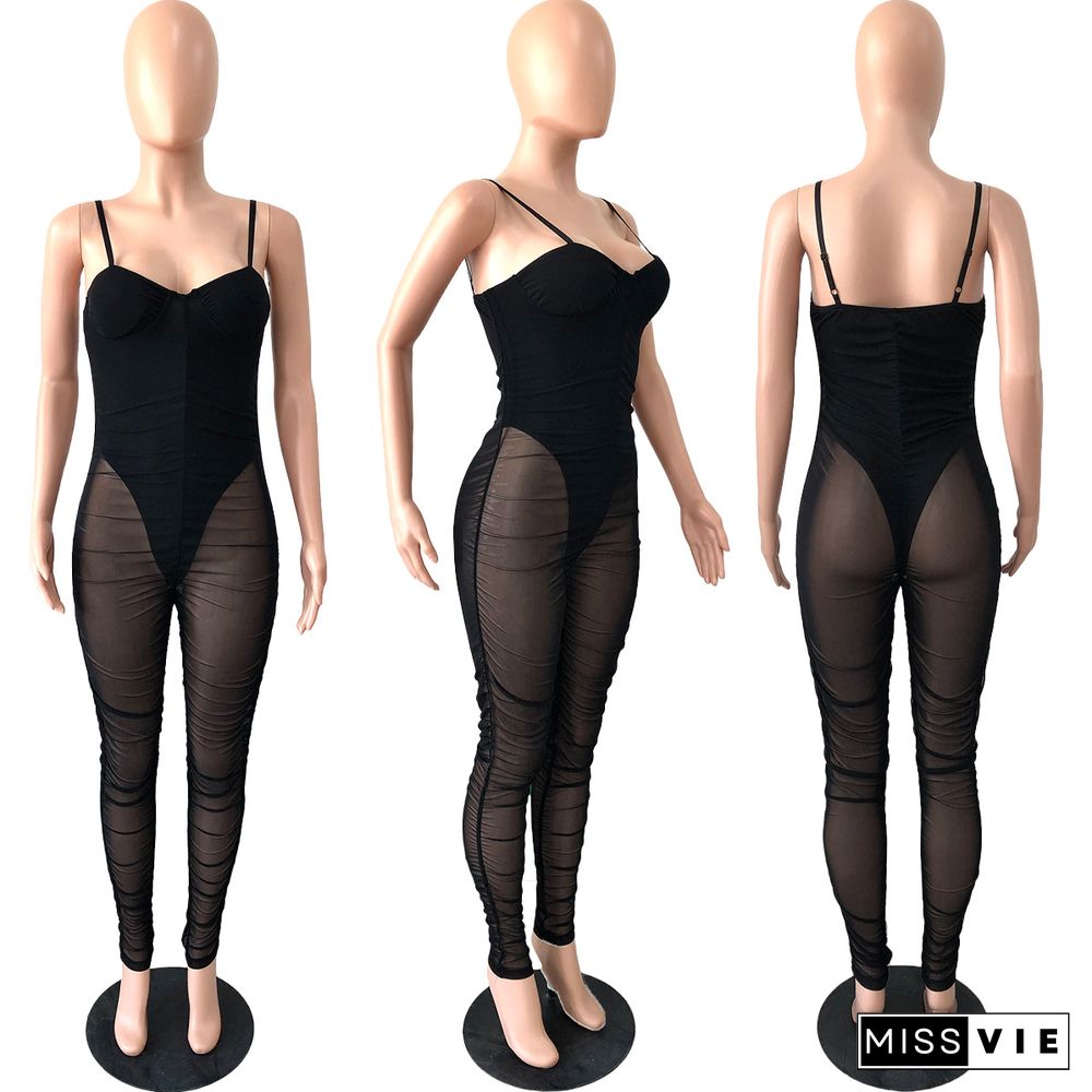 Mesh Sheer Spaghetti Strap Bodycon Club Jumpsuit