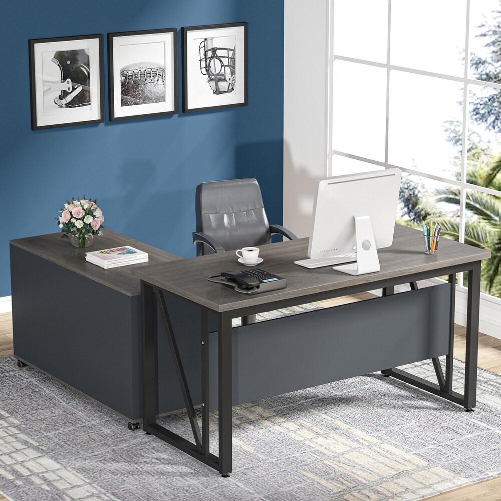 55 inches Executive Desk with Darwers File Cabinet L Shaped office Computer Desk for home office