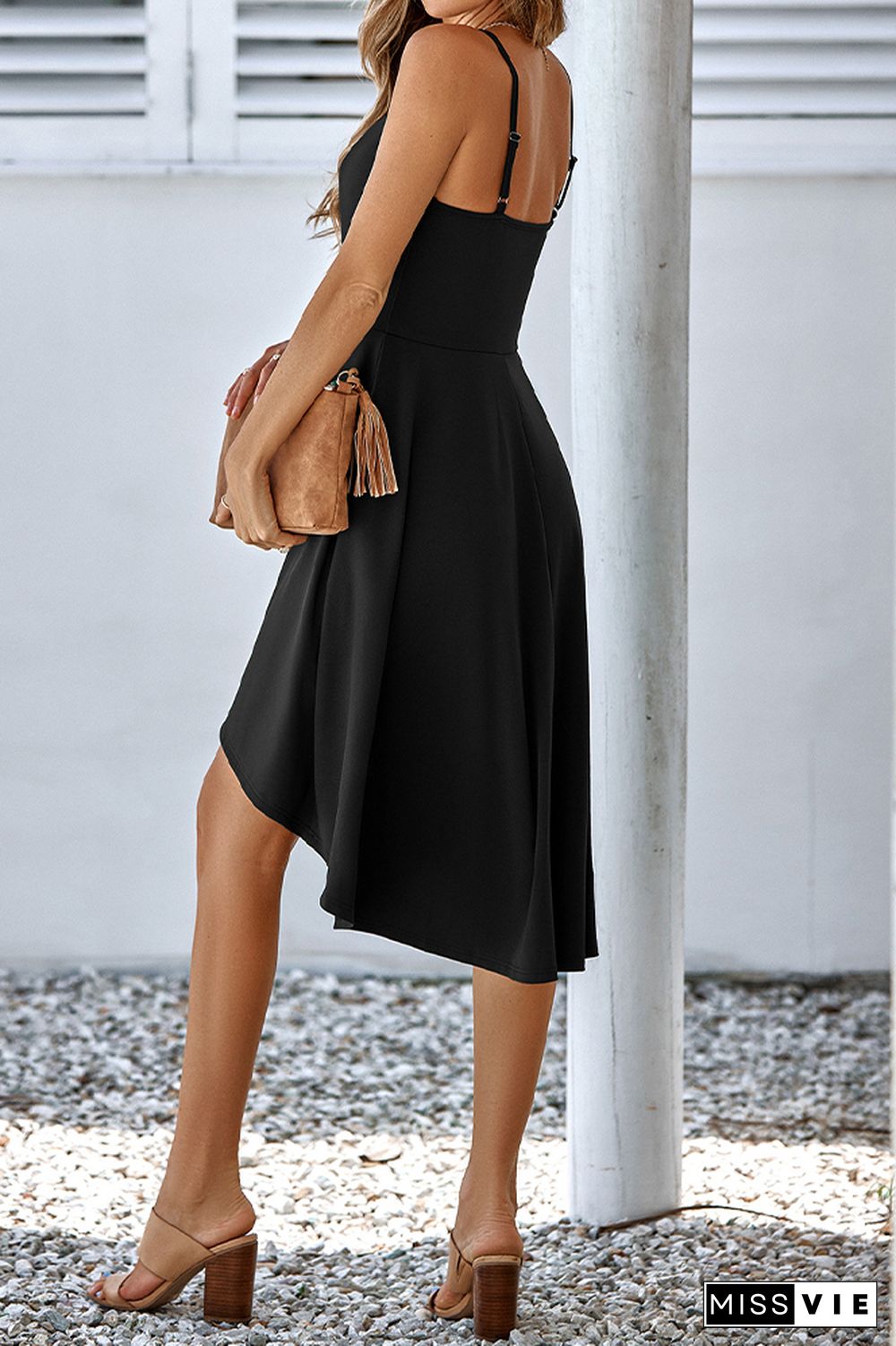 Plain Round Neck Irregular Length High Waist Cami Dress