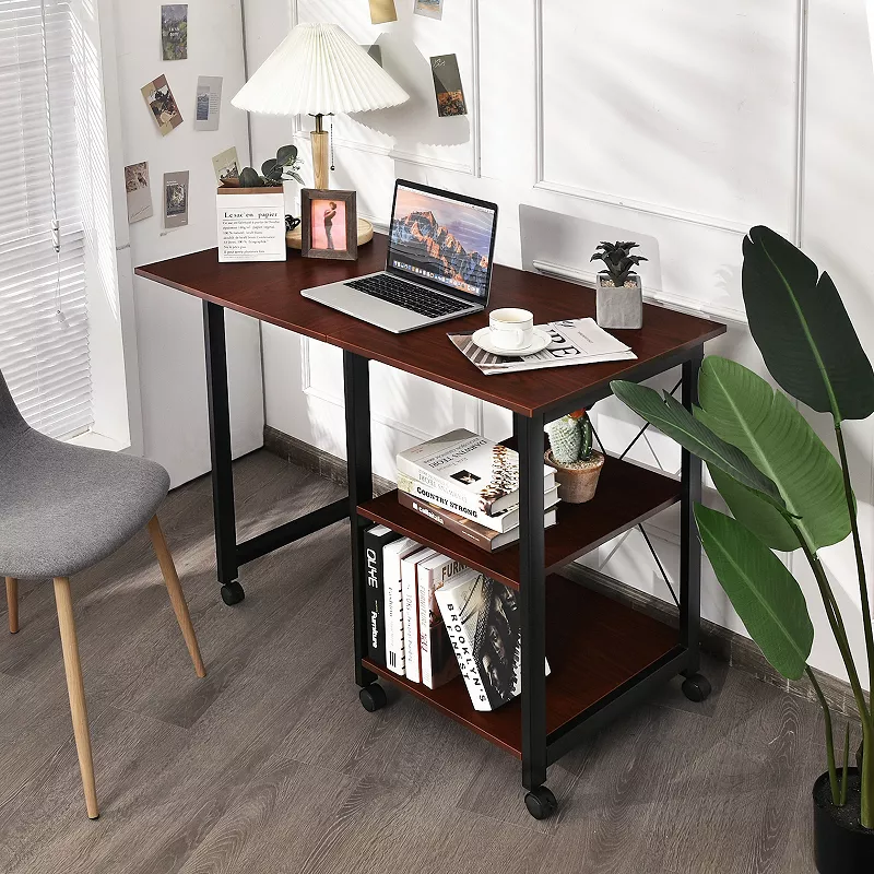 Rolling Folding Computer Desk with Storage Shelves