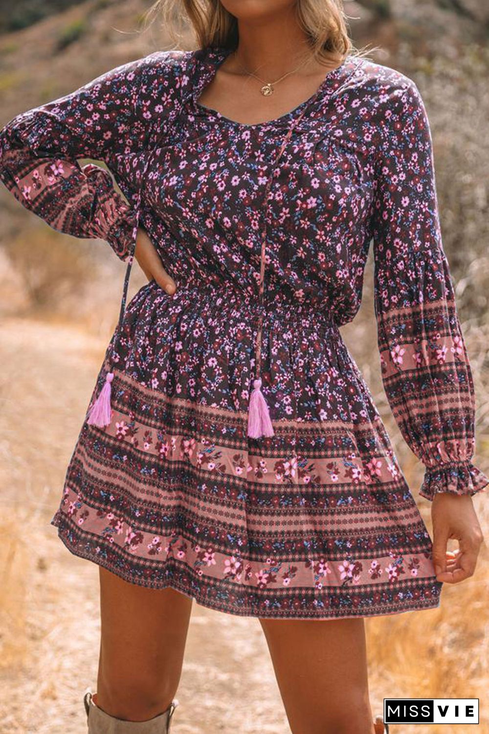 Split V Neck Boho Floral Dress