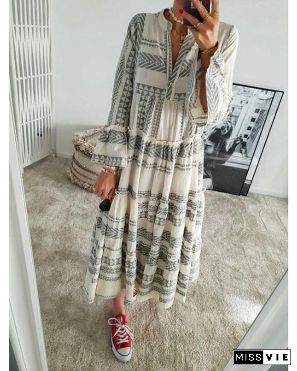 Women's Swing Dress Maxi long Dress 3/4 Length Sleeve Geometric Print Spring Summer Boho Flare Cuff Sleeve Blushing Pink Gray S M L XL XXL 3XL