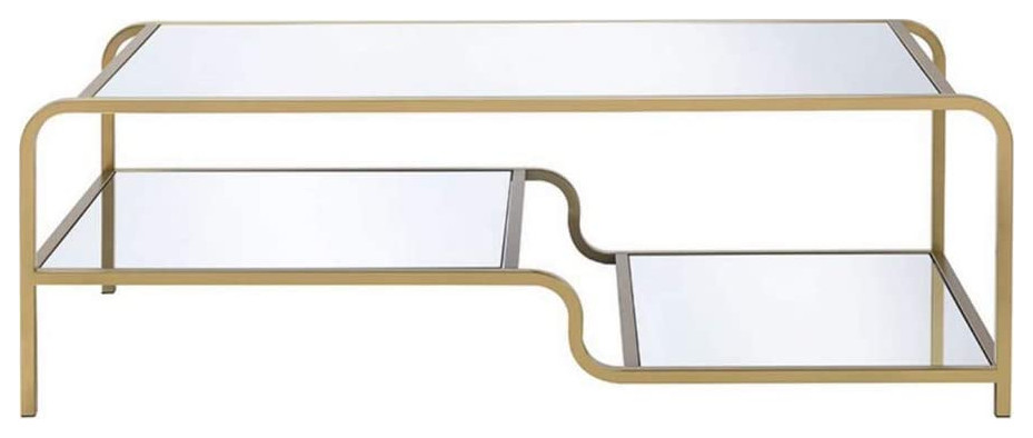 Modern Coffee Table  Geometric Metal Frame With Mirrored Top  ampShelves  Gold   Rustic   Coffee Tables   by Declusia  Houzz