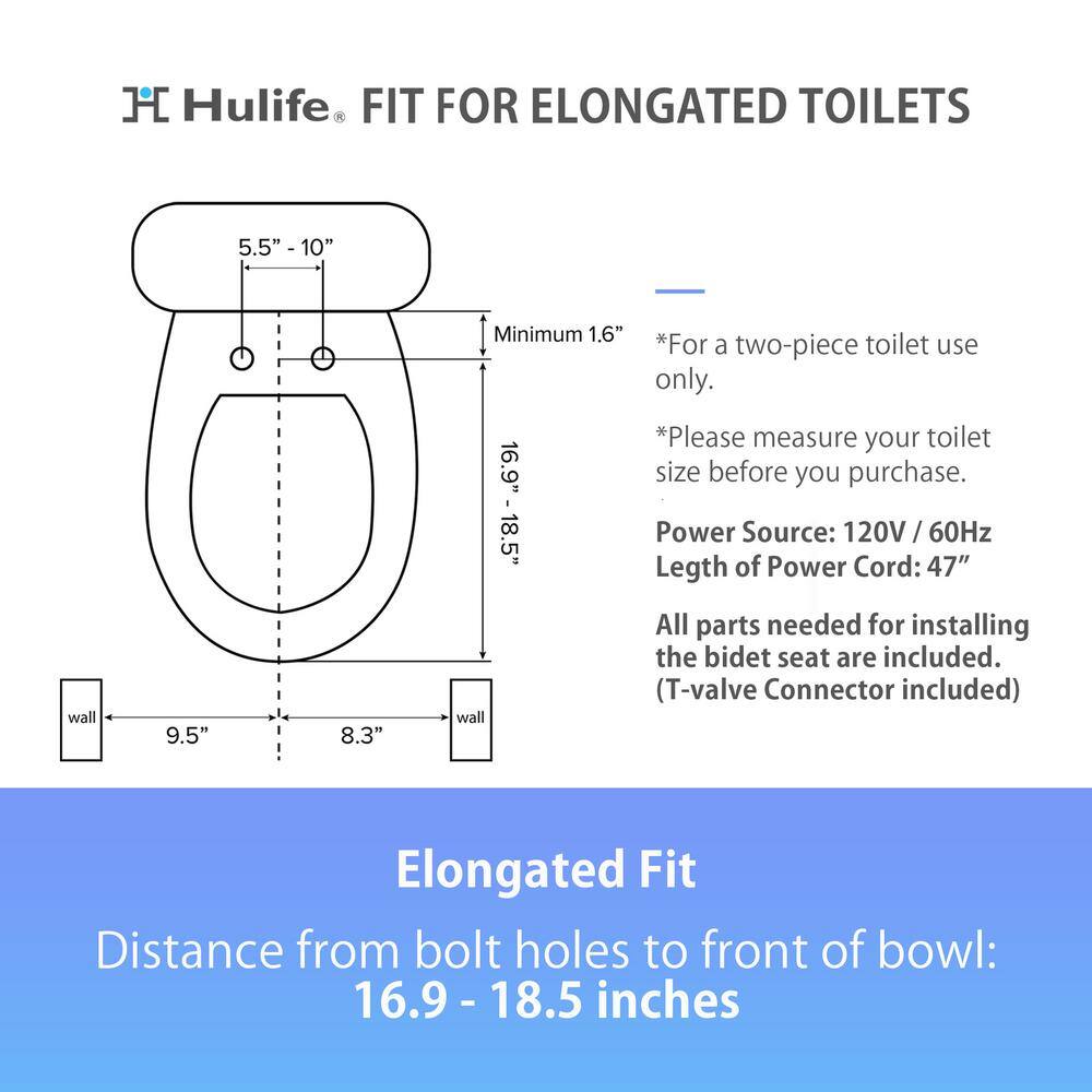 Hulife Electric Bidet Seat for Elongated Toilet with Unlimited Heated Water Heated Seat Dryer Control Panel in White HLB-3000EC