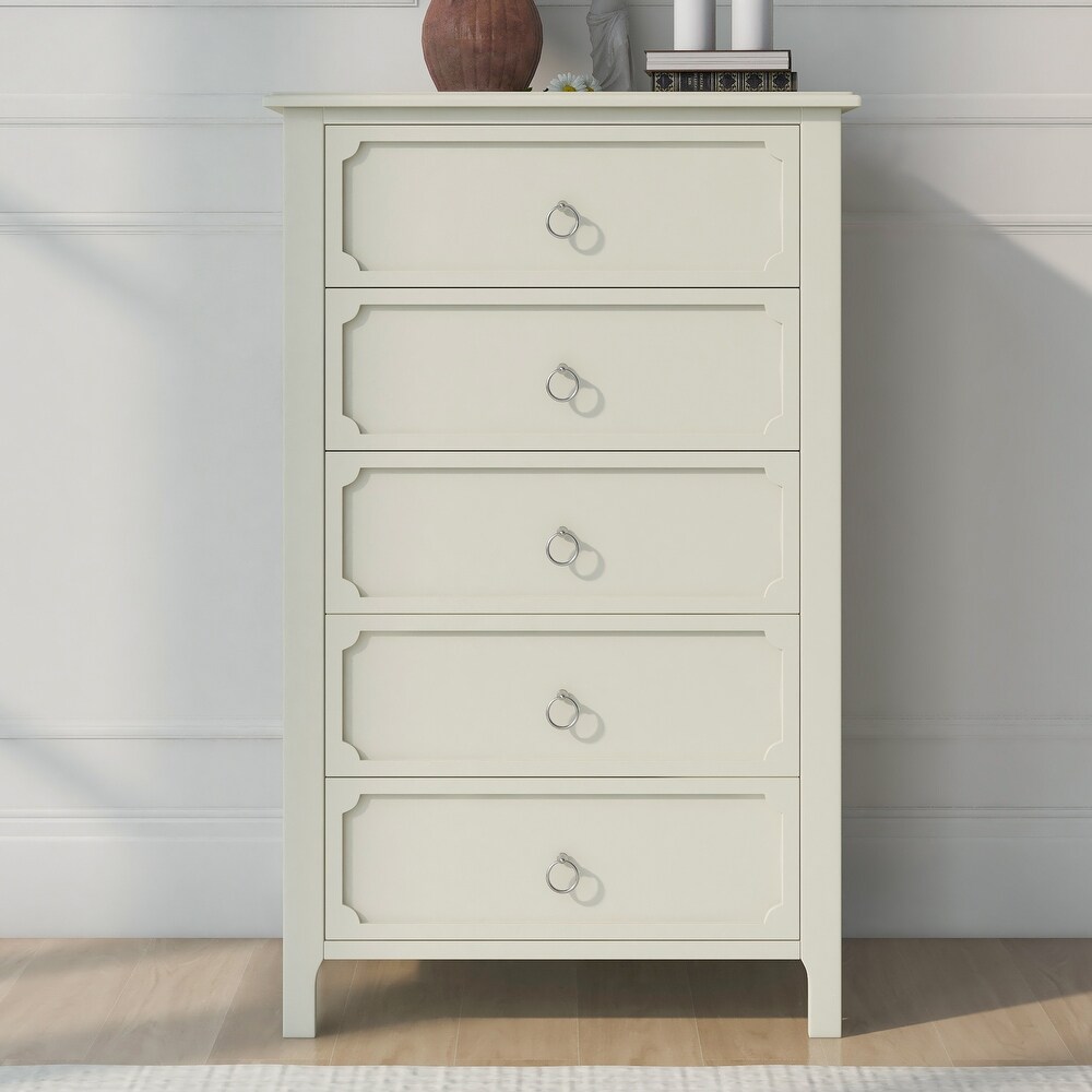 Milky White Chest Five Large Drawers Silver Metal Handles