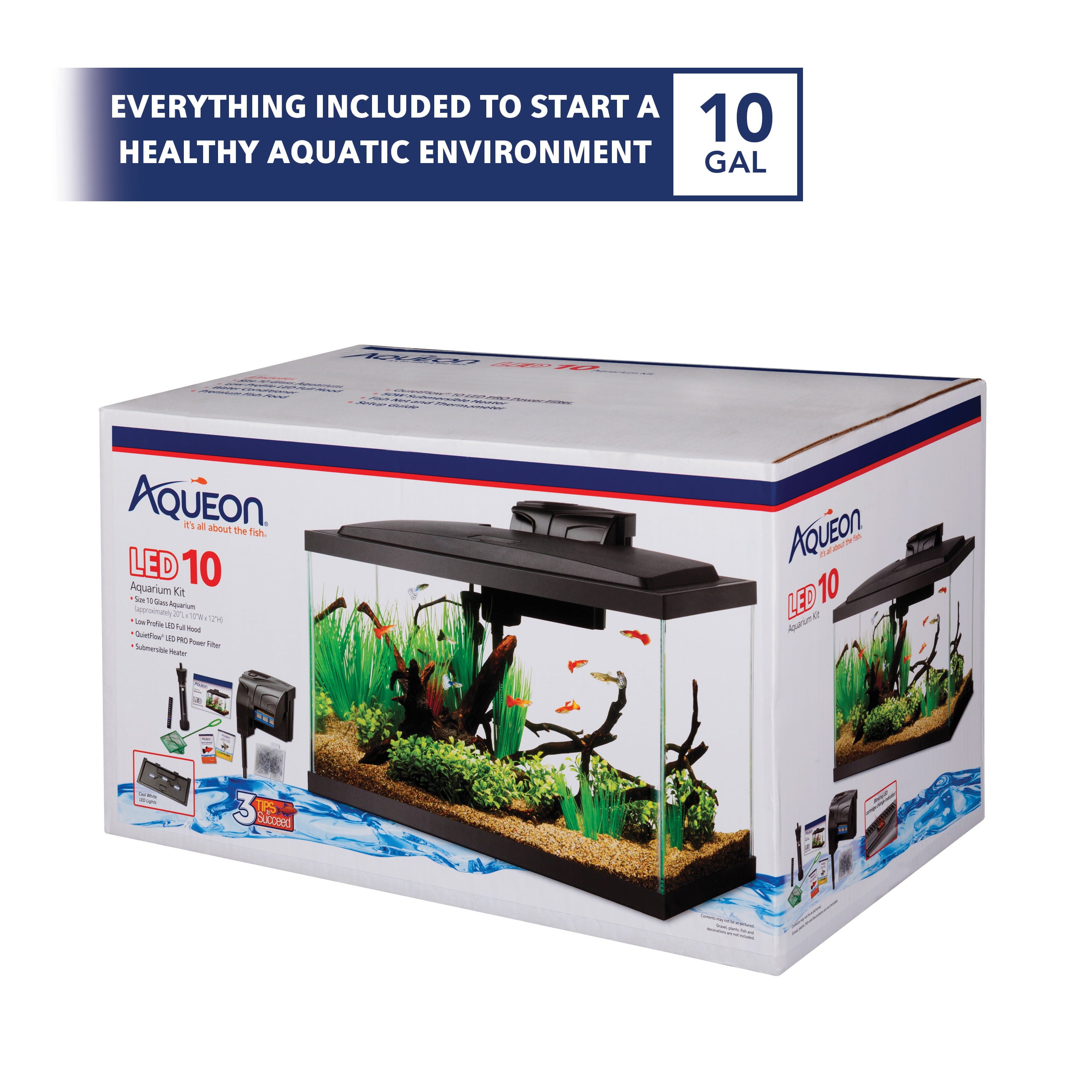 Aqueon Aquarium Starter Kit， 10 Gallon Glass Fish Tank， LED Lighting， Filter and Heater