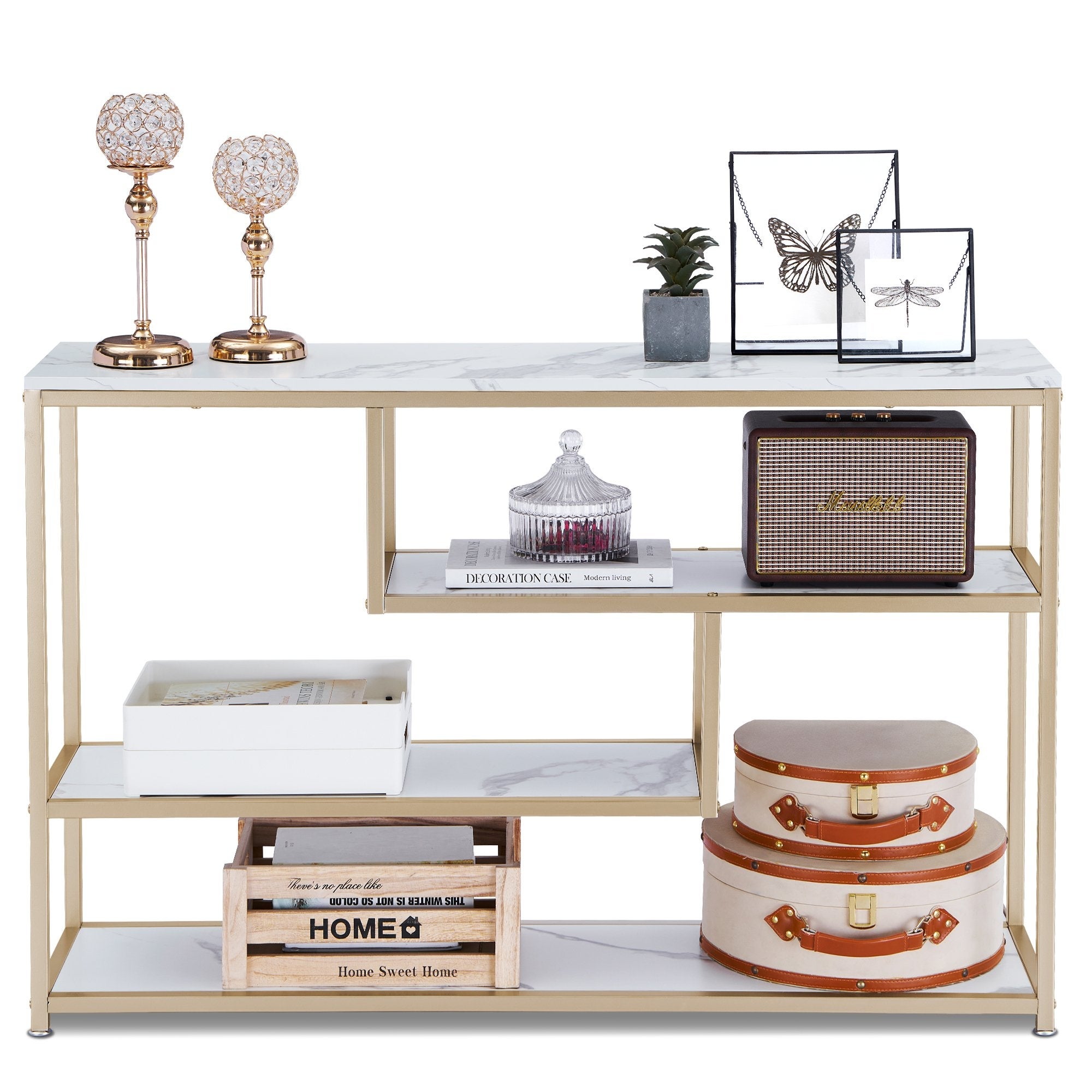 Mcombo 3-Tier Console Table with Storage， White Entryway Table with Shelves， Gold Small Table Sofa Tables for Living Room