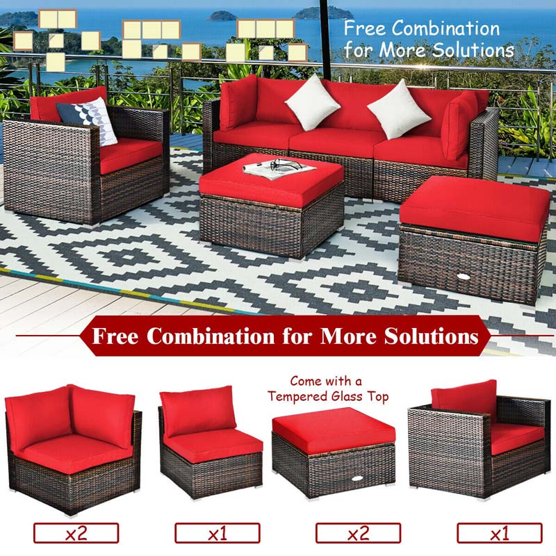 6 Pcs Patio Rattan Sectional Furniture Set Outdoor Conversation Sofa Set with Cushions