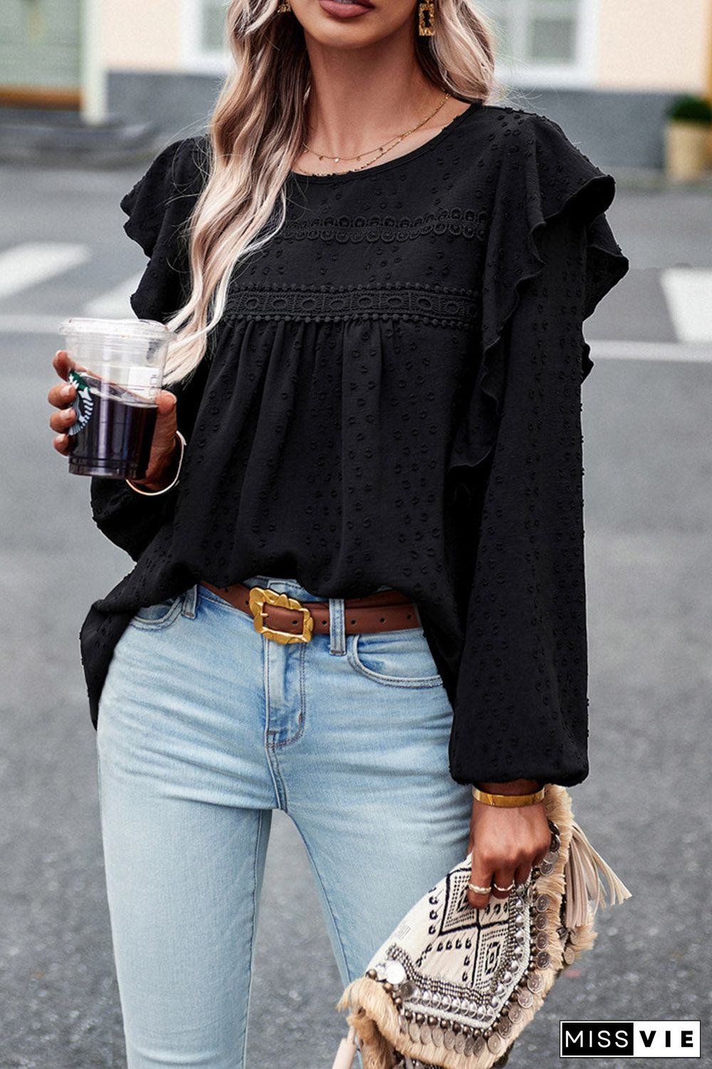 Lace Eyelet Ruffle Shoulder Long Sleeve Blouse