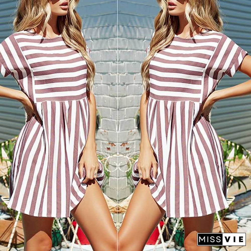 Slimming High Waisted Striped Short Sleeve Swing Dress