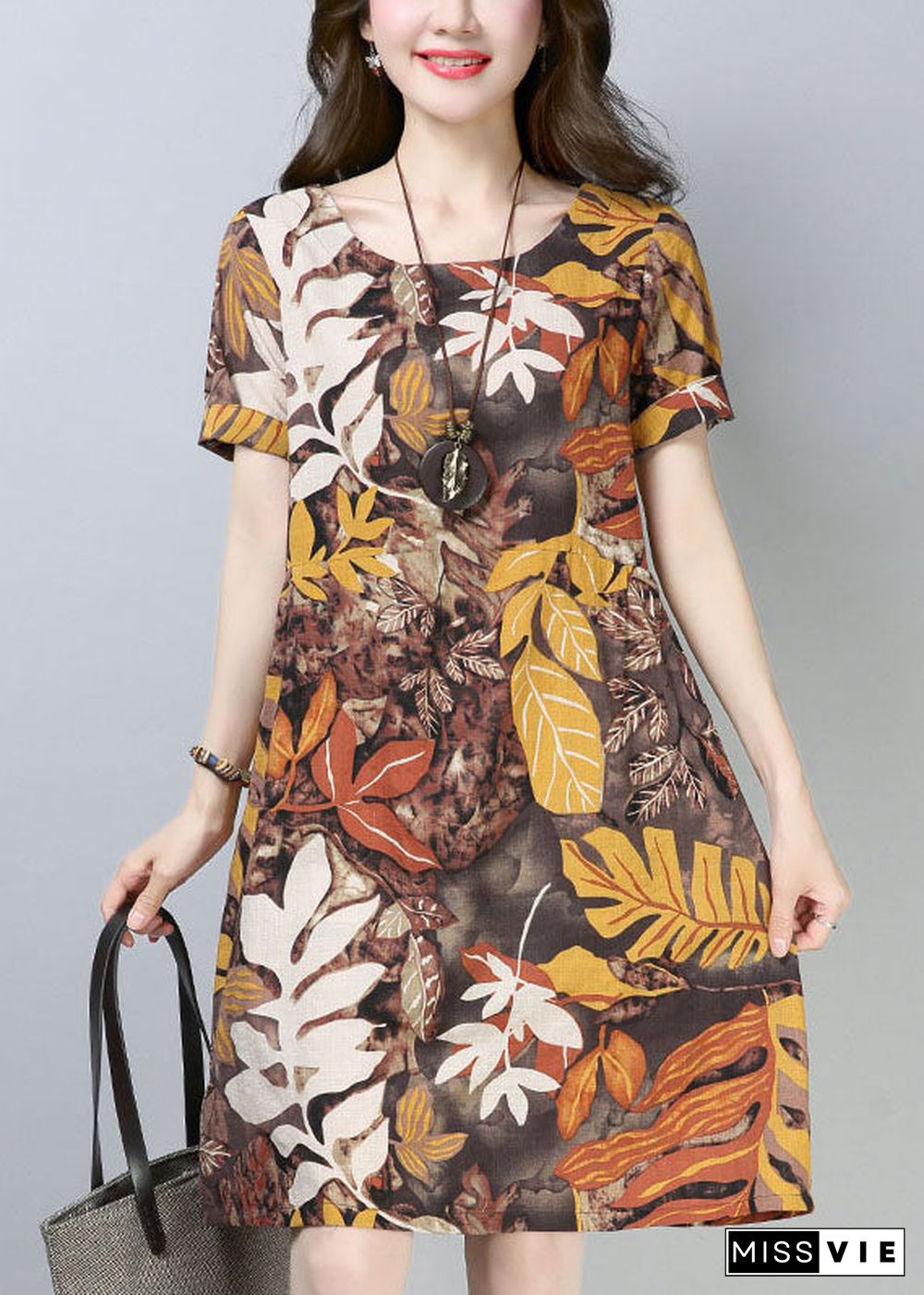 Italian Chocolate O-Neck Leaf Print Cotton Party Dress Short Sleeve