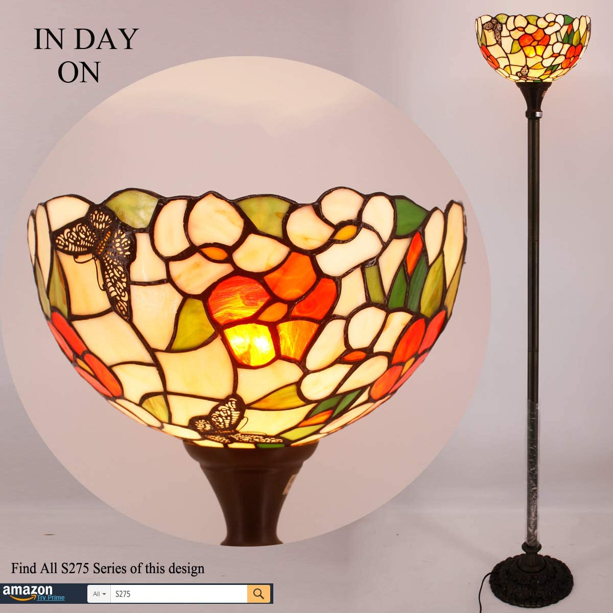 BBNBDMZ bzfwm Tiffany Floor Lamp Butterfly Amber Stained Glass Light 12X12X66 Inches Pole Torchiere Standing Corner Torch Uplight Decor Bedroom Living Room  Office S275 Series