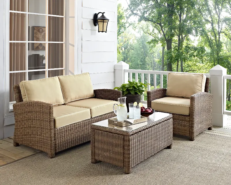 Bradenton Sand and Wicker 3 pc Loveseat， Armchair， and Table