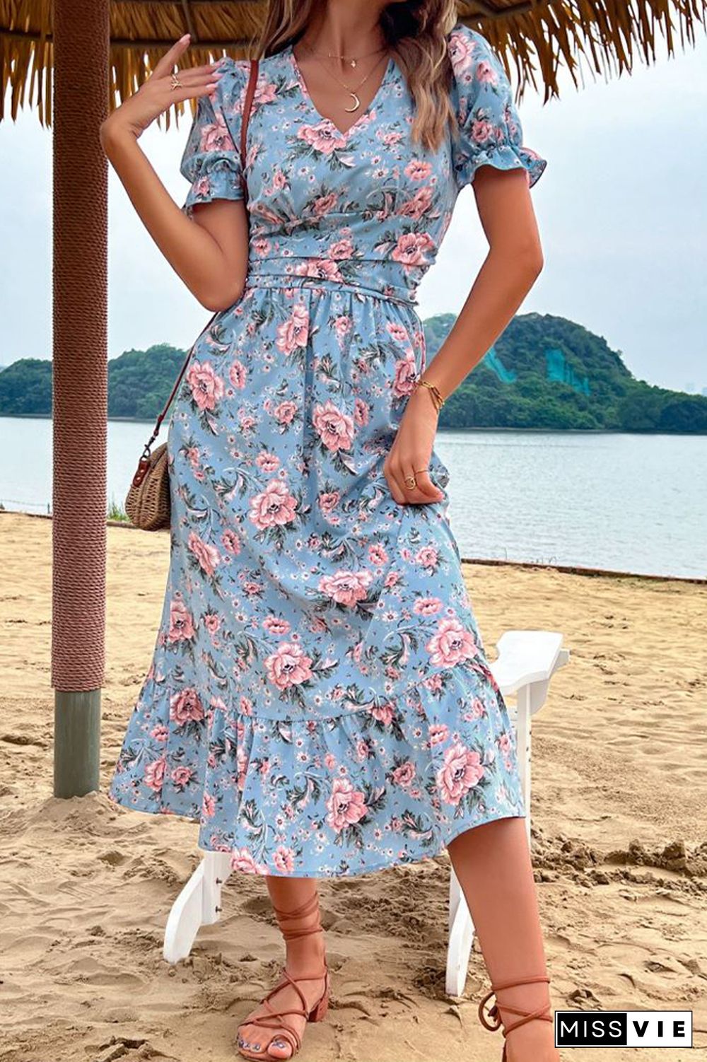 Puff Sleeve Flower Print V Neck Midi Dress Wholesale