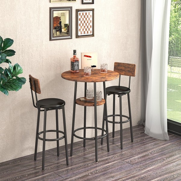 3Pieces Bar Table Set with Double -layer Round Bar Table and 2 Stools