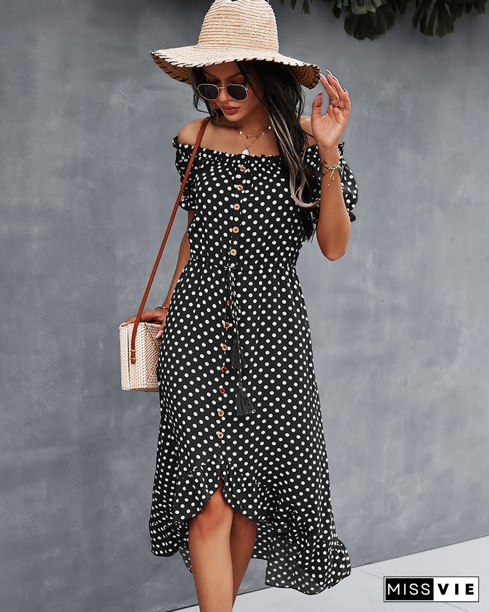 Off Shoulder Polka Dot Button Down Maxi Dress