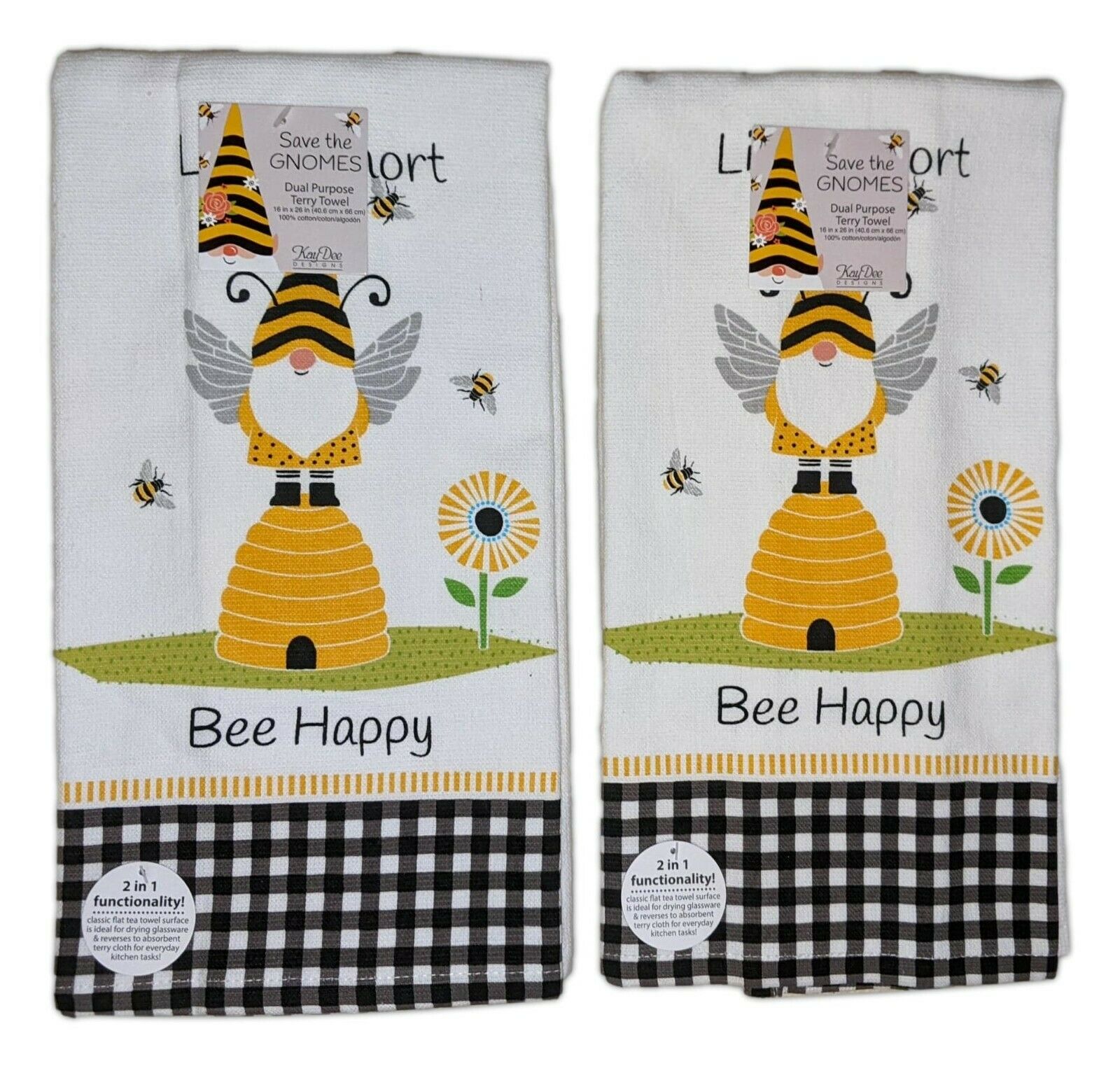 Set of 2 LIFE IS SHORT， BEE HAPPY Gnome Terry Kitchen Towels by Kay Dee Designs