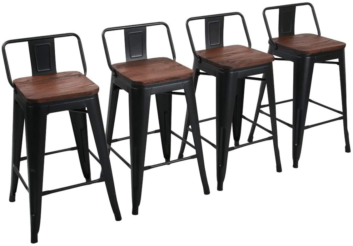 Andeworld 24 Metal Barstools Set of 4 Counter Height Bar Stools with Back (24 Seat Height， Wooden Top Low Back Matte Black)