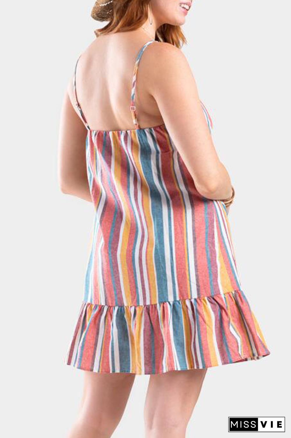 Fashion Casual Striped Buckle Flounce V Neck A Line Dresses