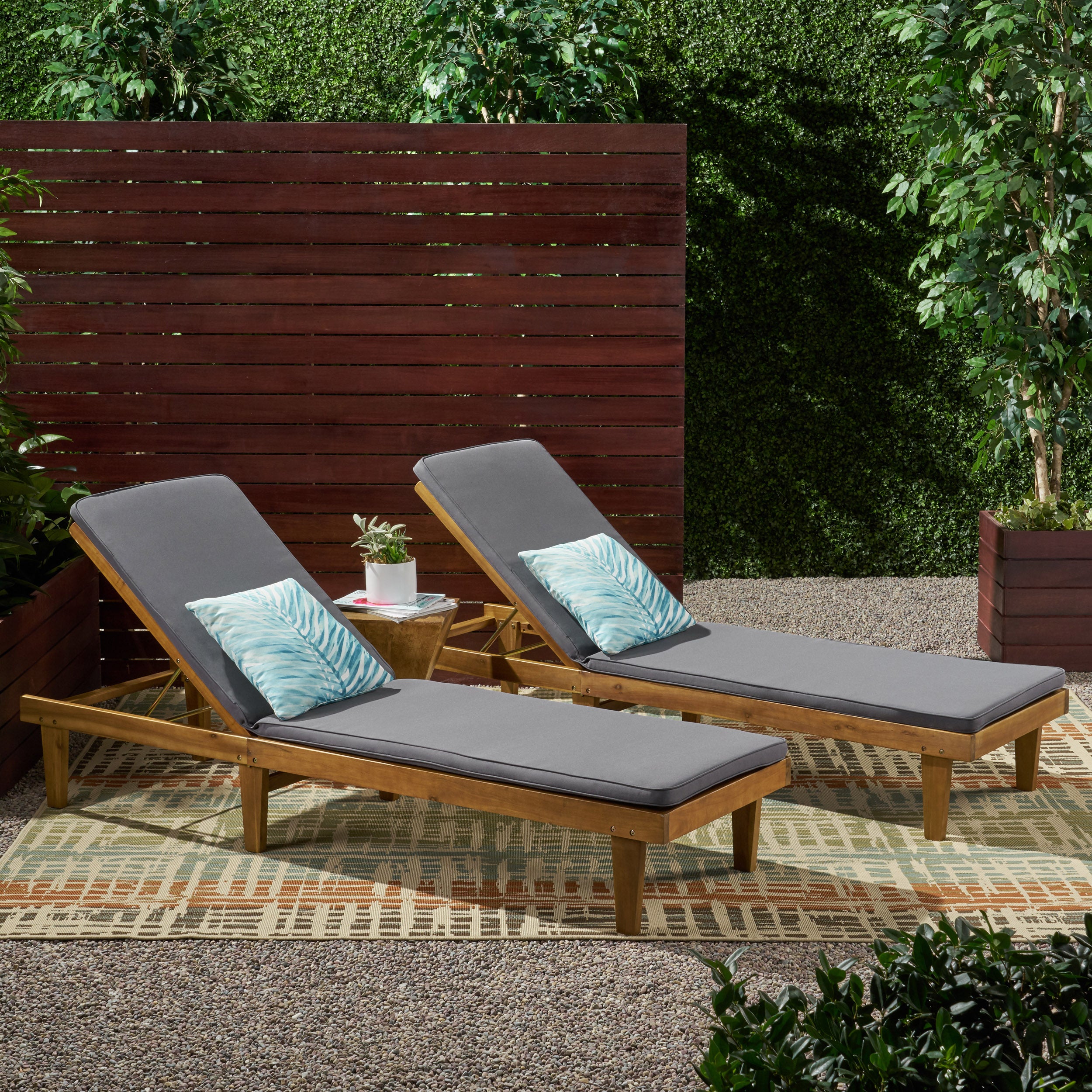 Nadine Outdoor Modern Acacia Wood Chaise Lounge with Cushion (Set of 2)