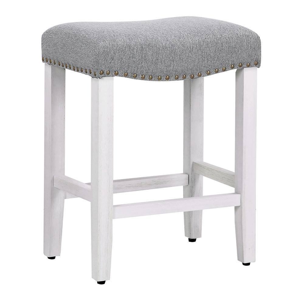 WESTIN OUTDOOR Jameson 24 in. Antique White Backless Wood Counter Stool with Gray Linen Seat (Set of 2) ID401-24-AW-GY-2