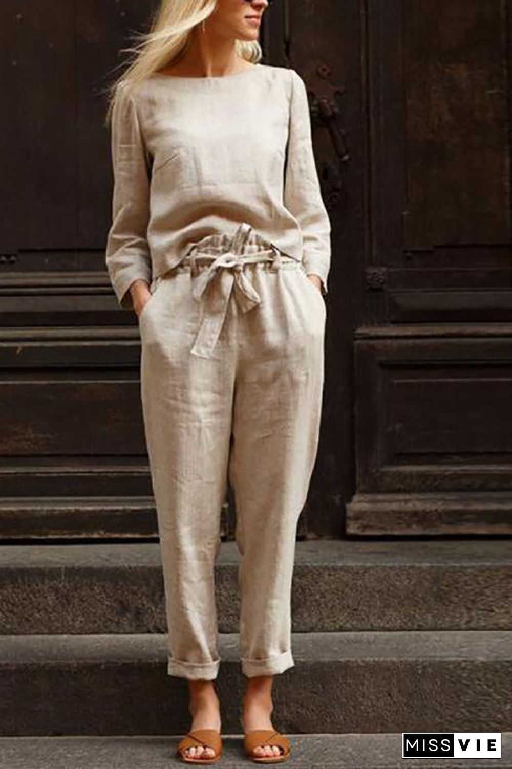 Linen O Neck Long Sleeve Pants Set