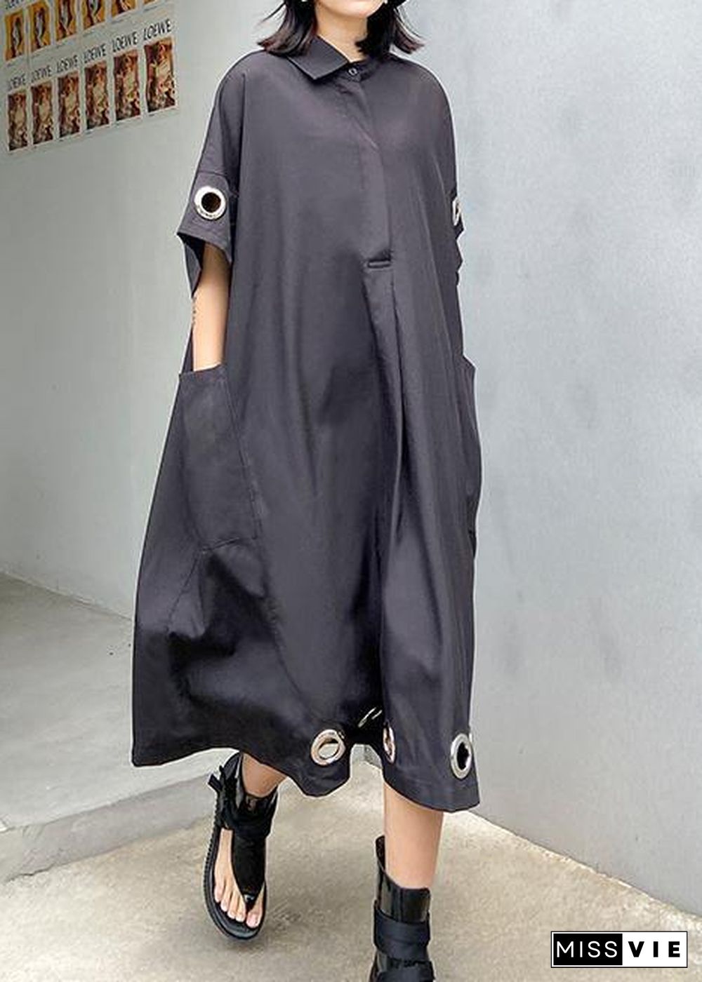 Women black cotton Tunics lapel patchwork Maxi summer Dress