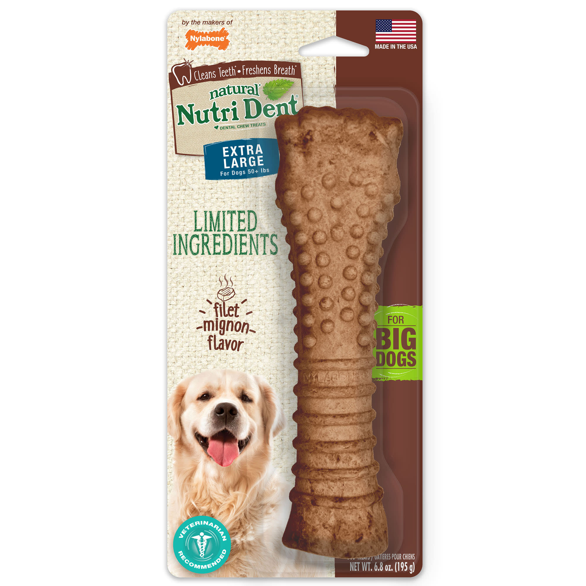 Nylabone Nutri Dent X-Large Filet Mignon Dog Dental Chew， 6.8 oz.， Count of 1