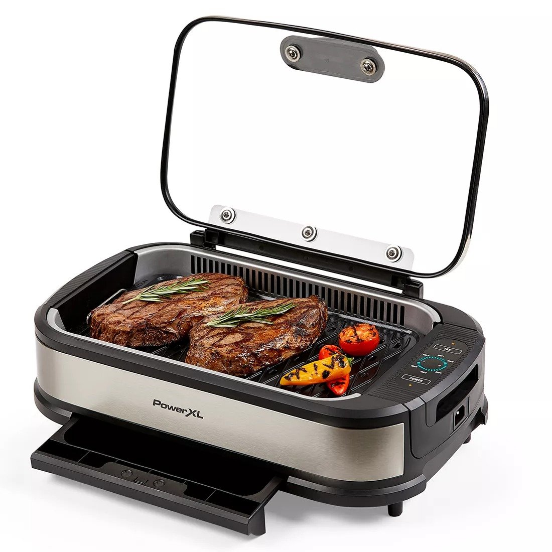 PowerXL Smokeless Grill Pro， Temprd Glass Lid and Turbo Speed Smoke Extractor