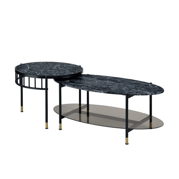 Nesting Coffee Table with 2 Pc Nesting Table Set and Marble Grain Table Top， Center Table with Metal Lags for Living Room， Office