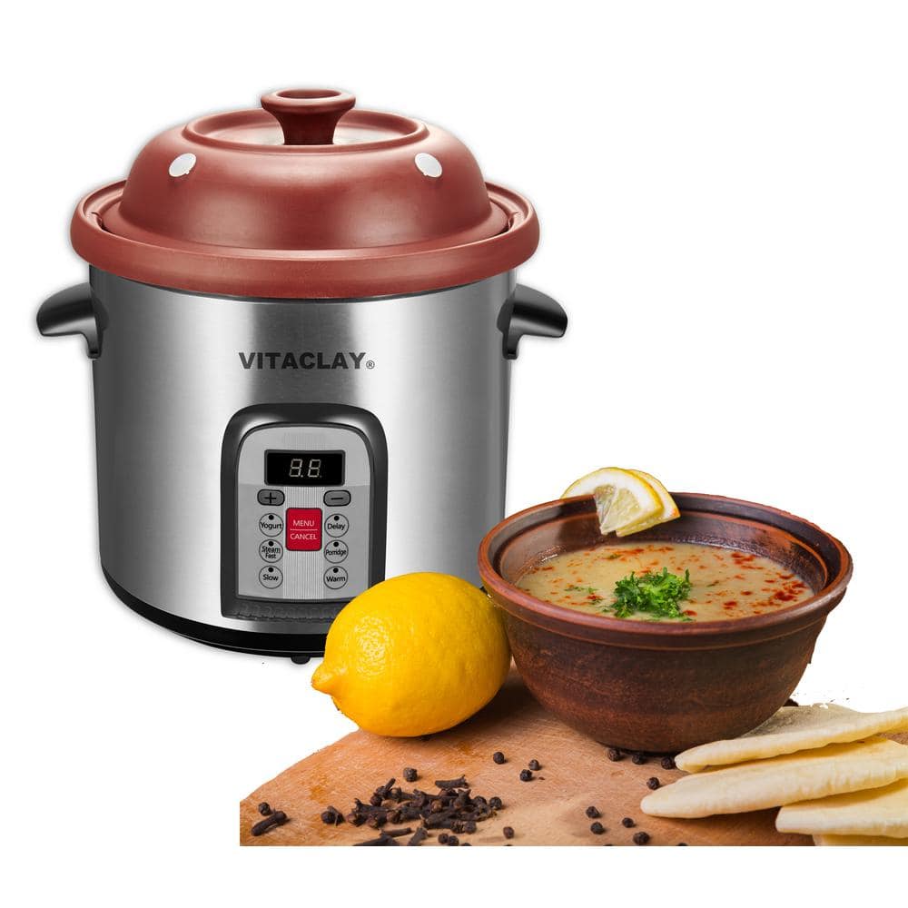 VITACLAY 6 Qt.Electric Organic Clay Soup Broth Cooker, Quick-Slow Cooker, Steamer and Yogurt Maker in Stainless Steel Housing VM7800-5C