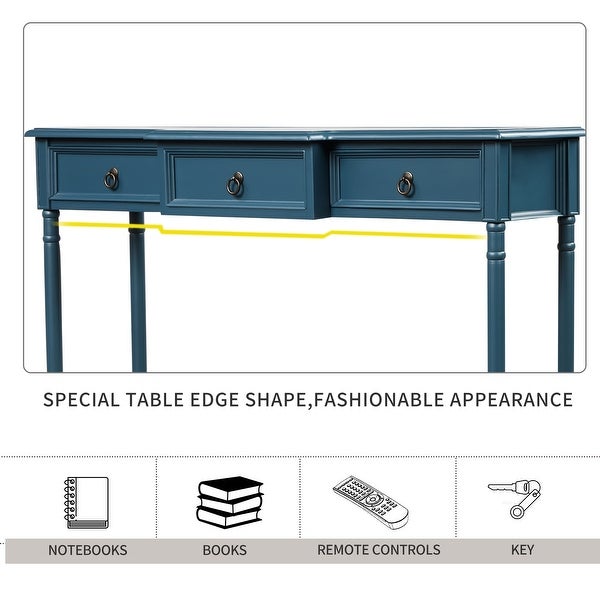 Console Sofa Table with Projecting Drawers and Long Shelf， Antique Navy