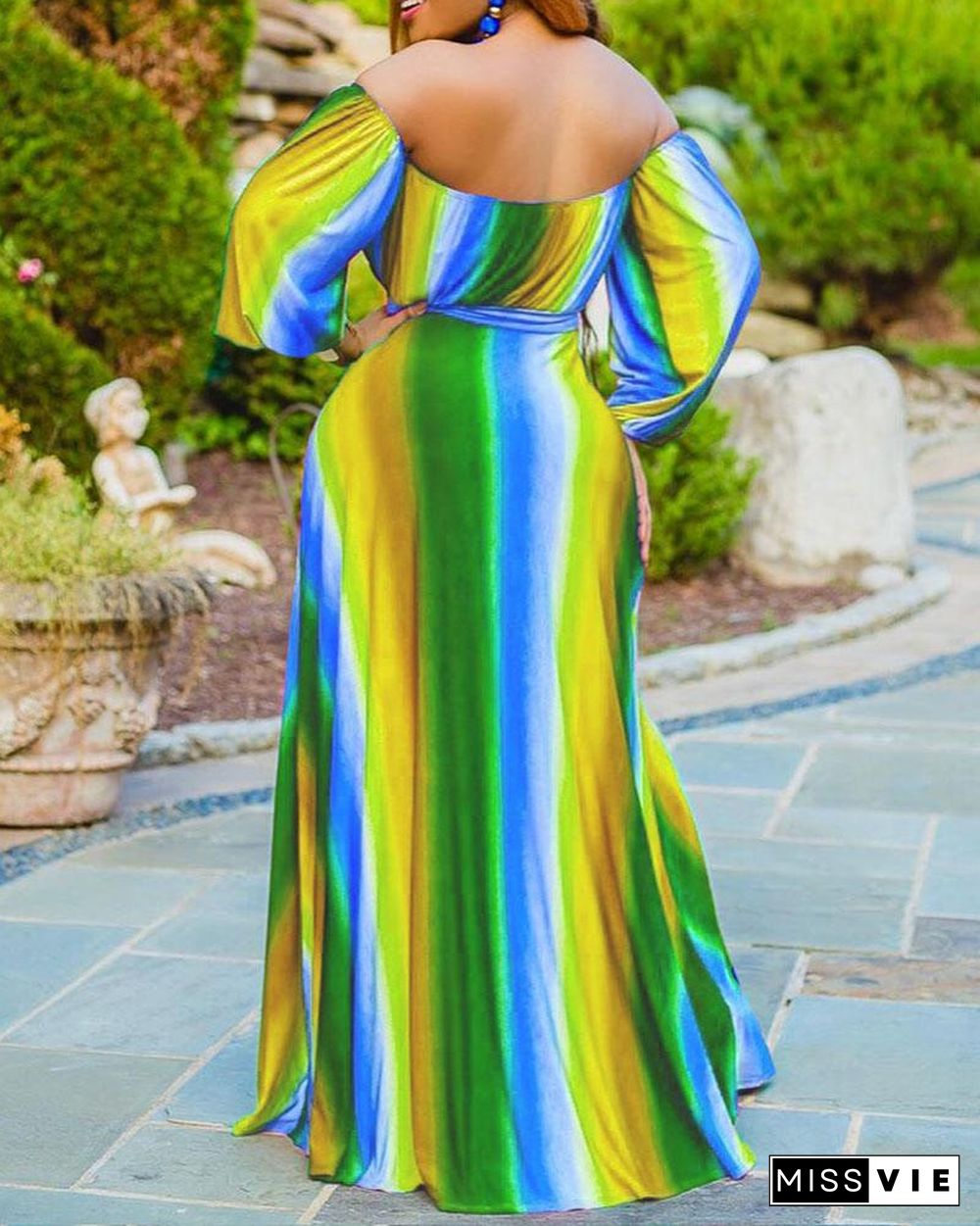 Colorful Striped Off the Shoulder Tie Front Maxi Dress