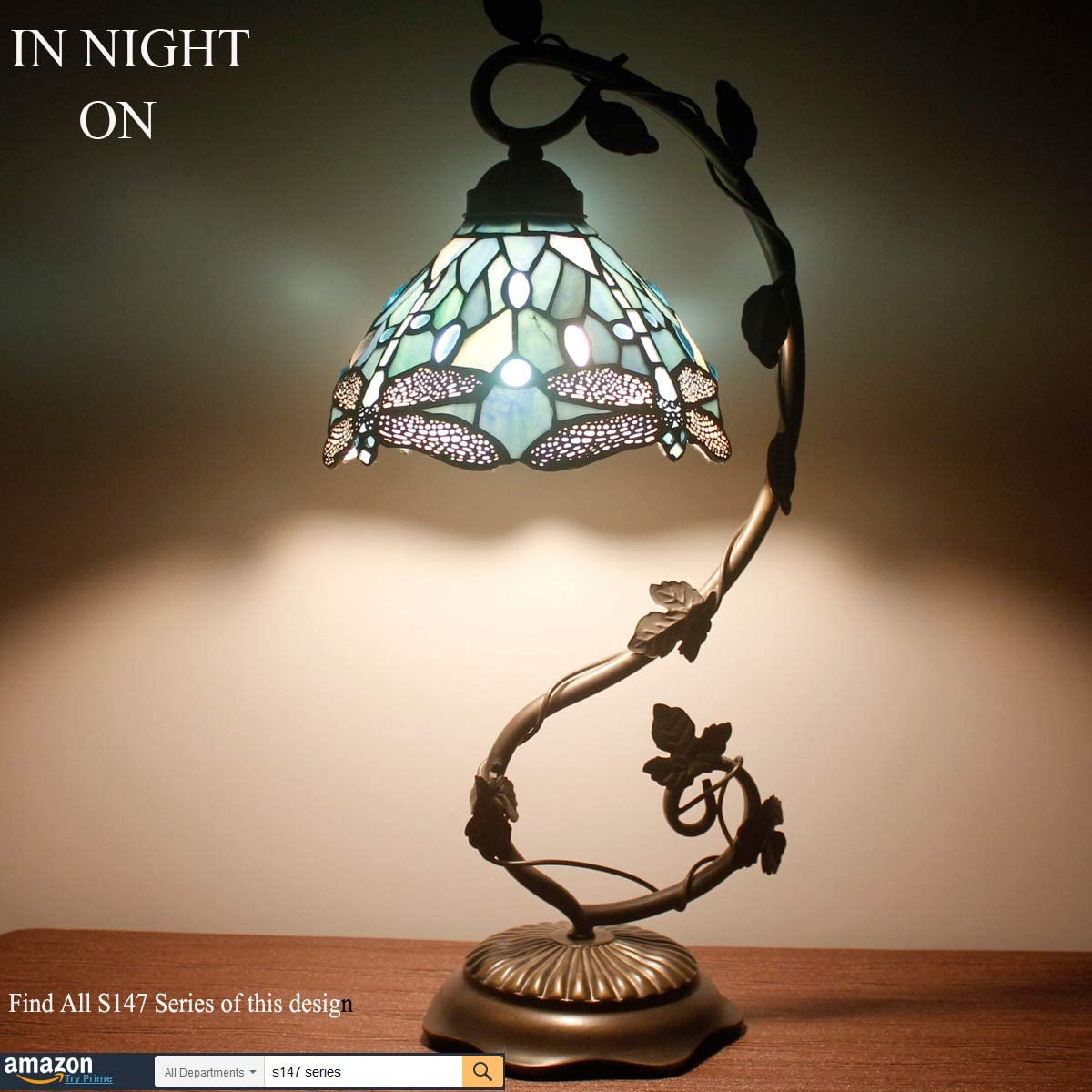 SHADY Tiffany Lamp Sea Blue Stained Glass Dragonfly Style Desk Reading Light  Metal Leaf Table Lamp Base 8X10X21 Inches Decor Small Space Bedside Bedroom Home Office S147 Series